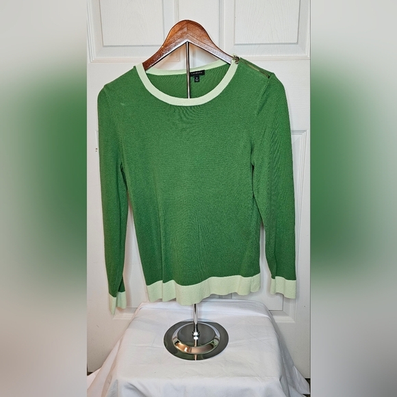 Talbots Sweaters - Talbots Green Zip-Shoulder Sweater 3/4 Sleeve Contrast Trim - Size Medium